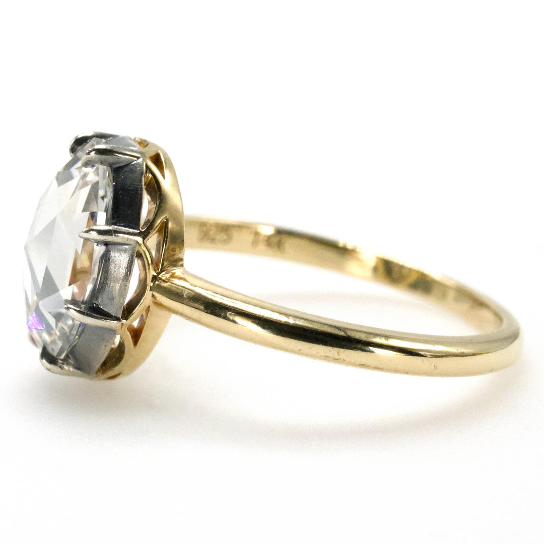Georgian Style Solitaire with 1.61 Carat Oval Rose Cut Lab Diamond in Sterling Silver and Gold