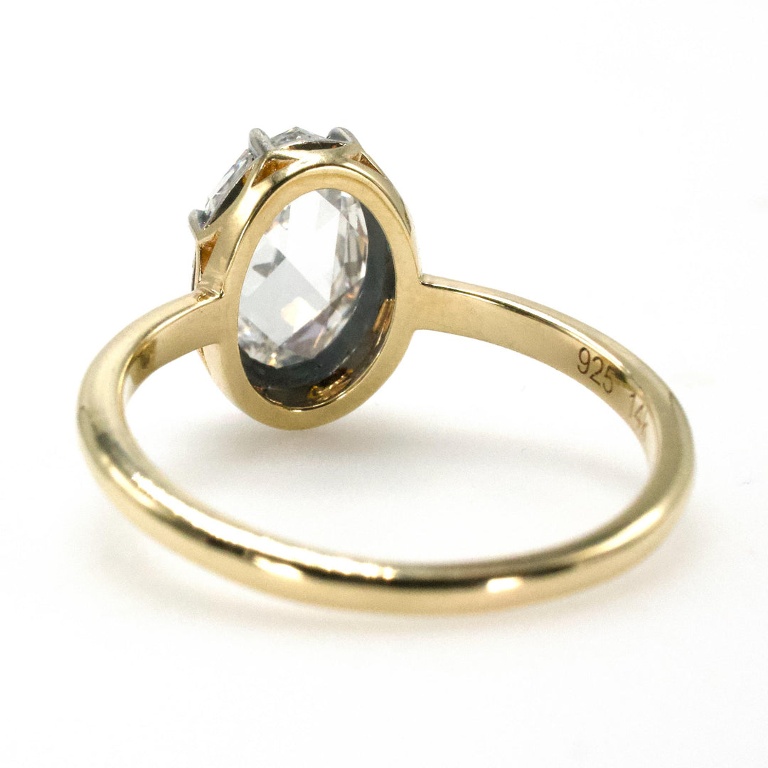 Georgian Style Solitaire with 1.61 Carat Oval Rose Cut Lab Diamond in Sterling Silver and Gold