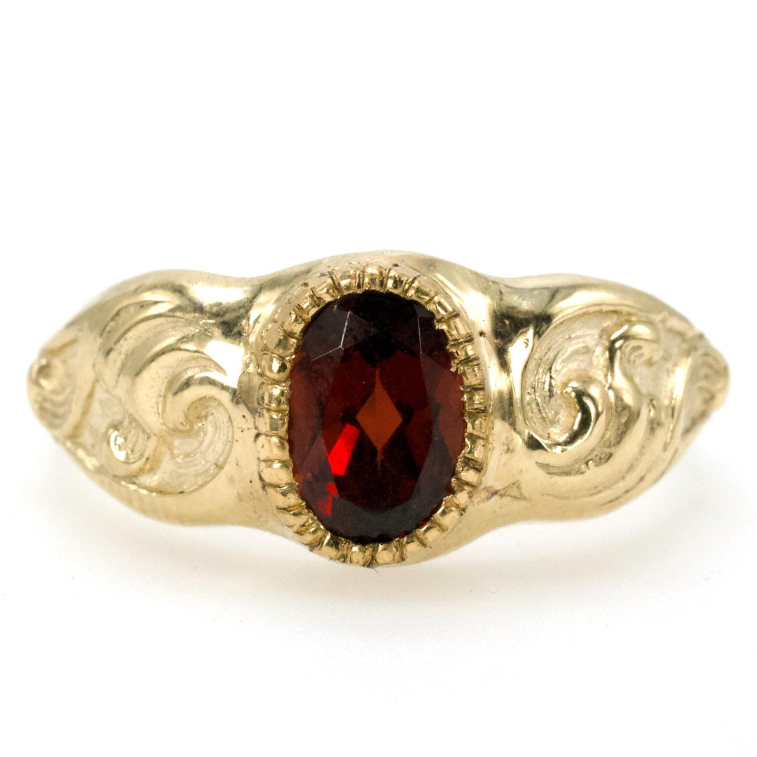 Victorian Inspired Oval Garnet Swirl Band in 10K Yellow Gold