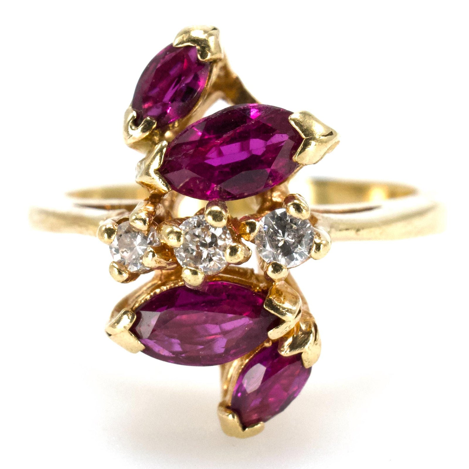 Vintage Marquise Ruby and Diamond Vertical Cluster Ring