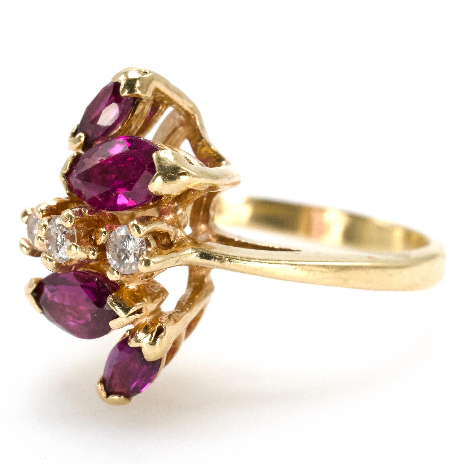 Vintage Marquise Ruby and Diamond Vertical Cluster Ring