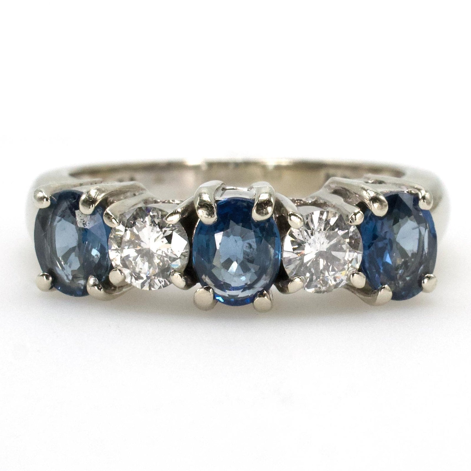 Oval Blue Sapphire and Round Diamond Five Stone White Gold Band