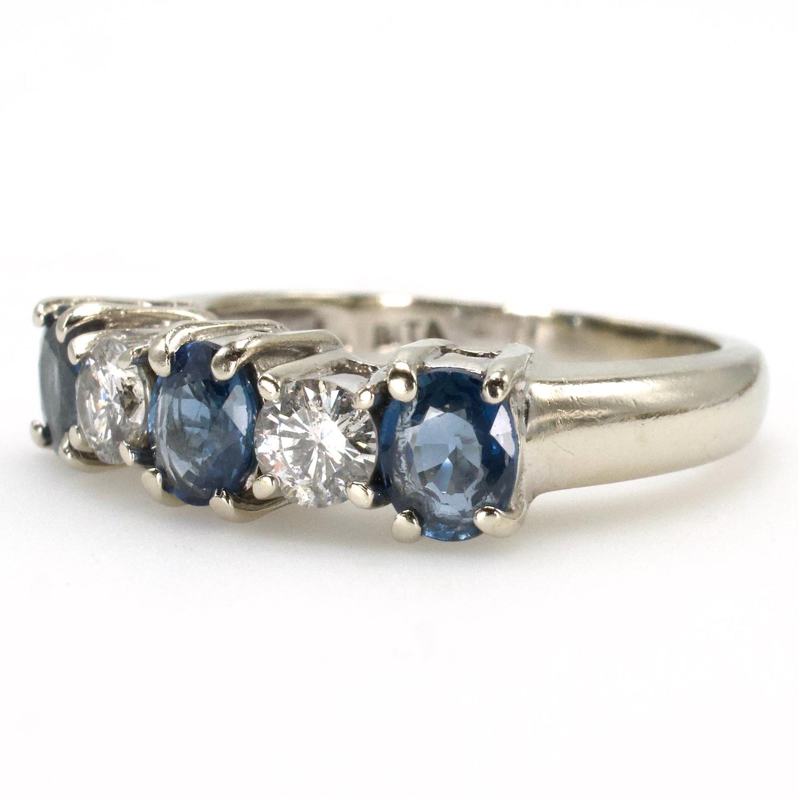 Oval Blue Sapphire and Round Diamond Five Stone White Gold Band