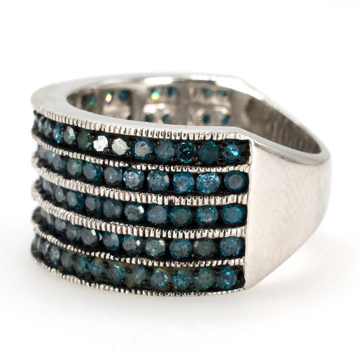 Wide Sterling Silver Ring with 5 Rows of Blue Diamonds