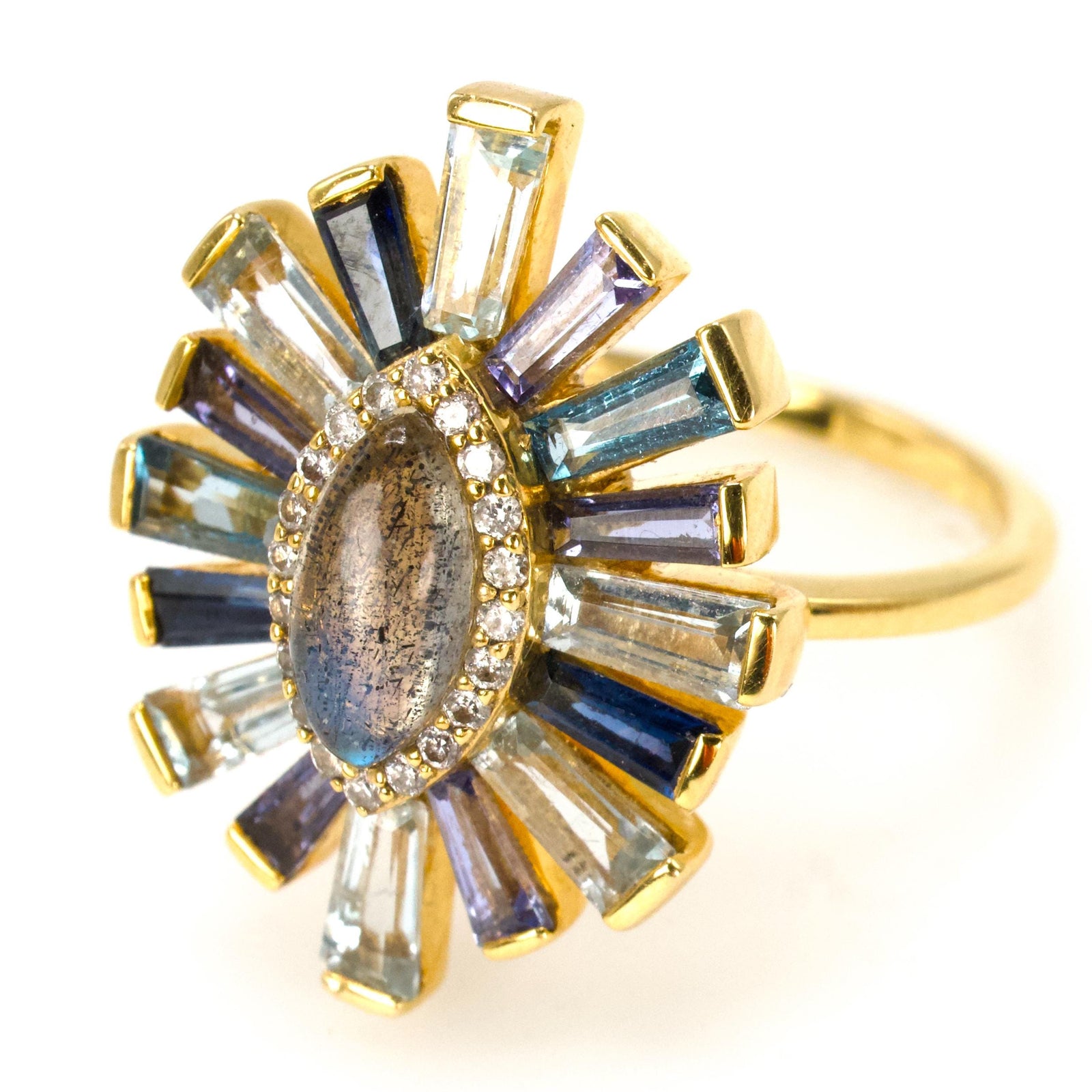 Marquise Cut Labradorite Sunburst Ring with Aquamarine, Iolite, Diamond, and Sapphire Surround