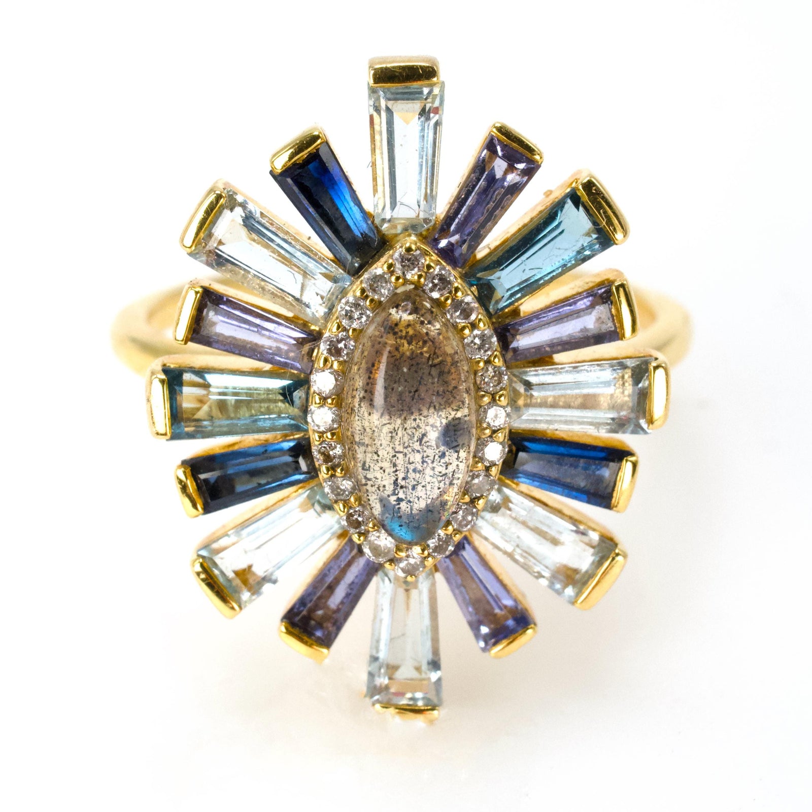Marquise Cut Labradorite Sunburst Ring with Aquamarine, Iolite, Diamond, and Sapphire Surround