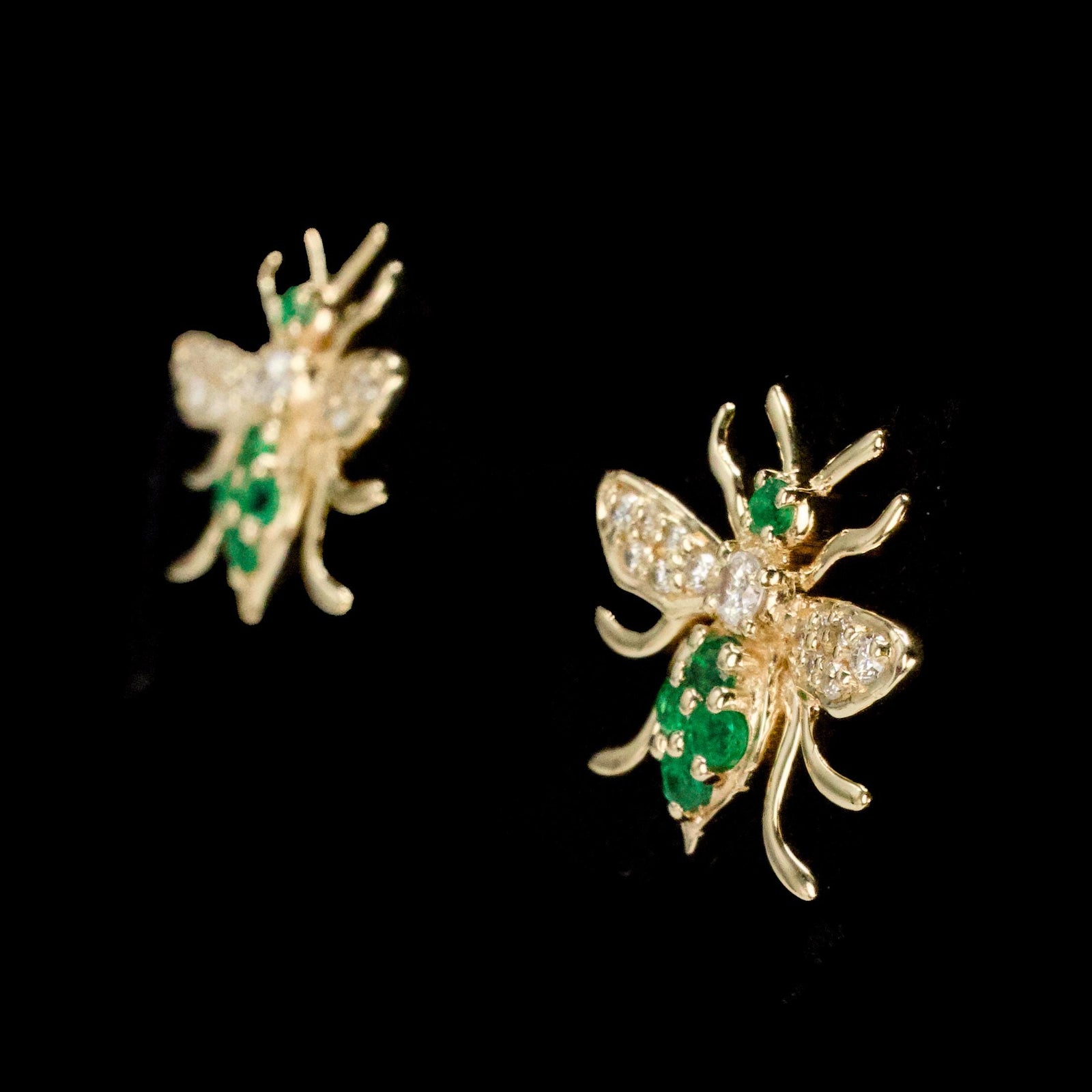 14 Karat Yellow Gold Diamond and Emerald Bee Stud Earrings