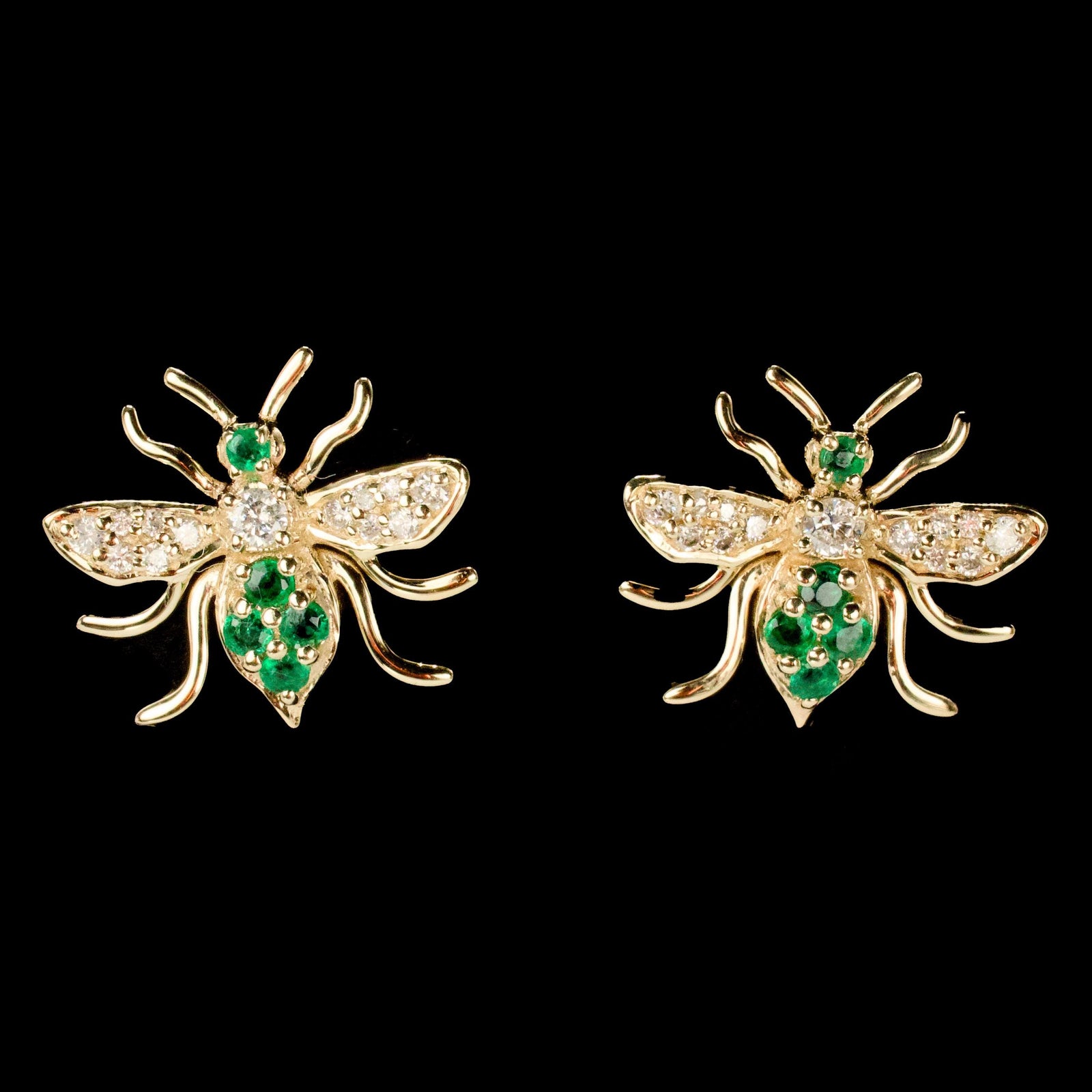 14 Karat Yellow Gold Diamond and Emerald Bee Stud Earrings