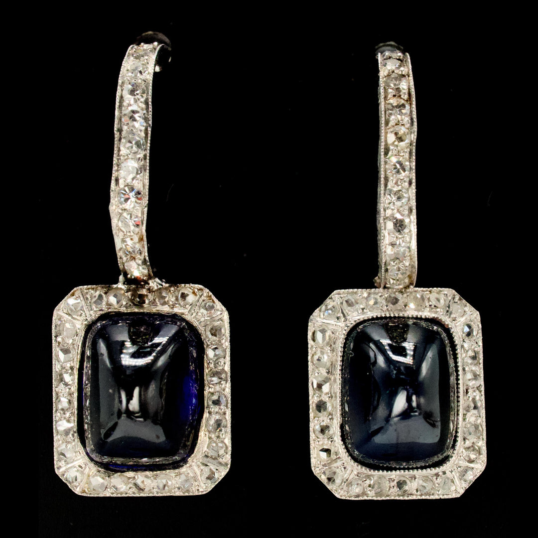 Antique Sugarloaf Sapphire and Rose Cut Diamond Drop Earrings in Platinum