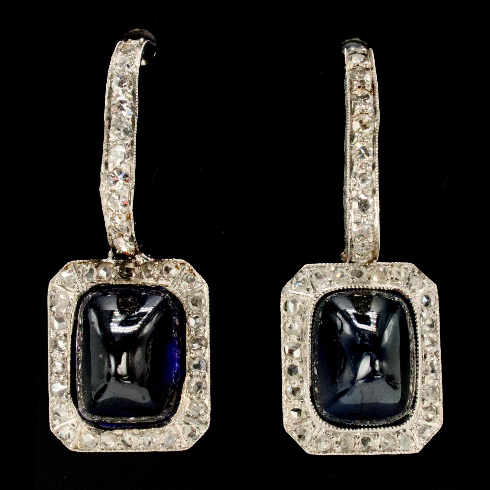 Antique Sugarloaf Sapphire and Rose Cut Diamond Drop Earrings in Platinum