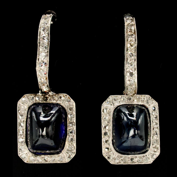 Antique Sugarloaf Sapphire and Rose Cut Diamond Drop Earrings in Platinum