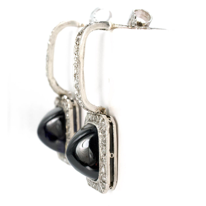 Antique Sugarloaf Sapphire and Rose Cut Diamond Drop Earrings in Platinum