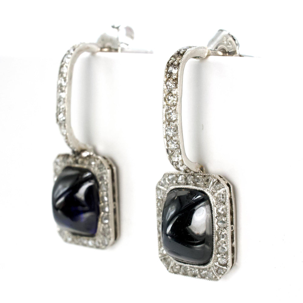 Antique Sugarloaf Sapphire and Rose Cut Diamond Drop Earrings in Platinum