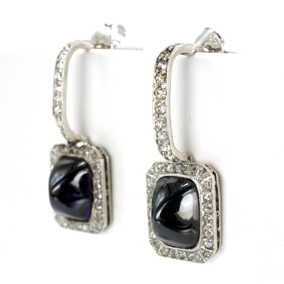 Antique Sugarloaf Sapphire and Rose Cut Diamond Drop Earrings in Platinum
