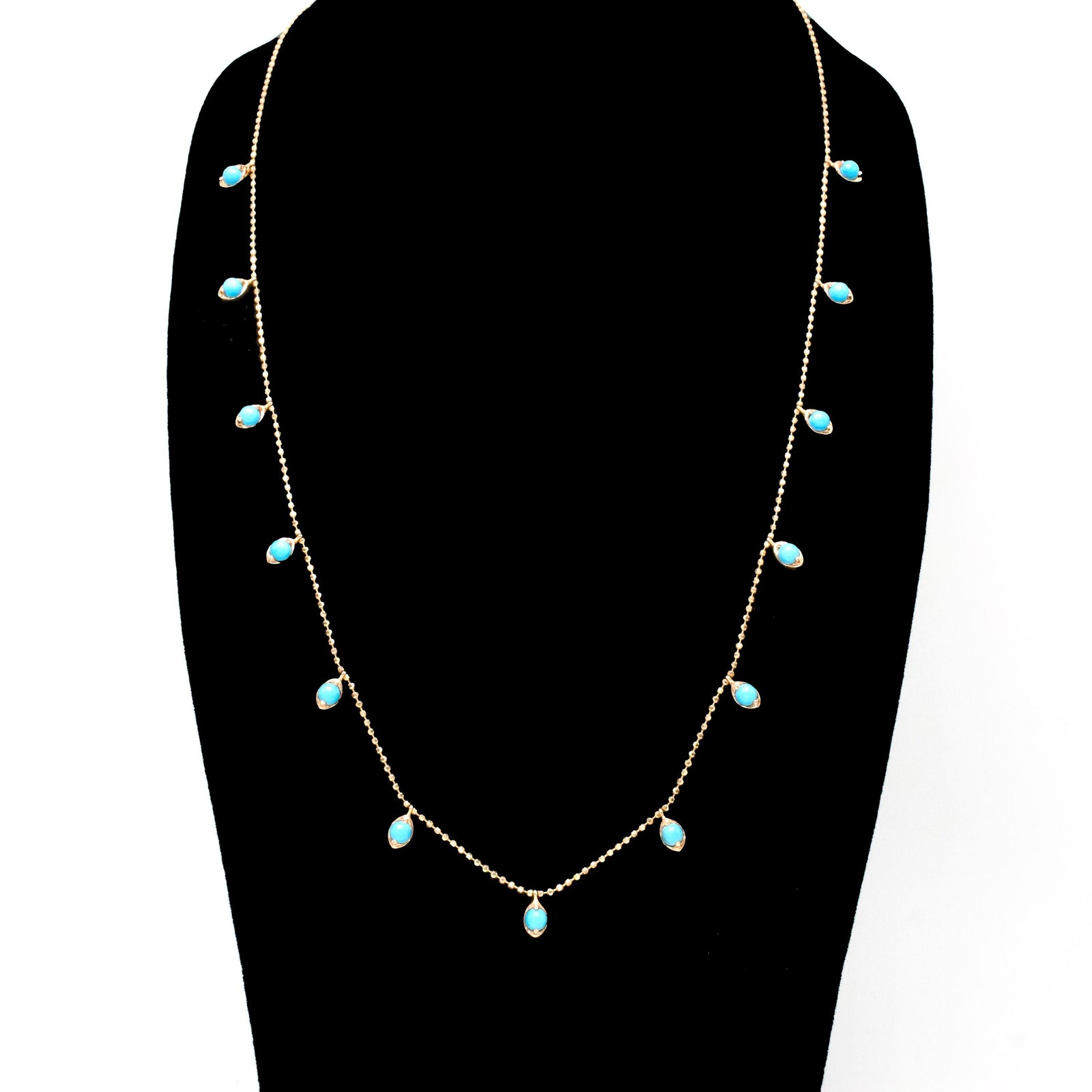 18K Rose Gold Adjustable Ball Chain Fringe Necklace with Turquoise Beads