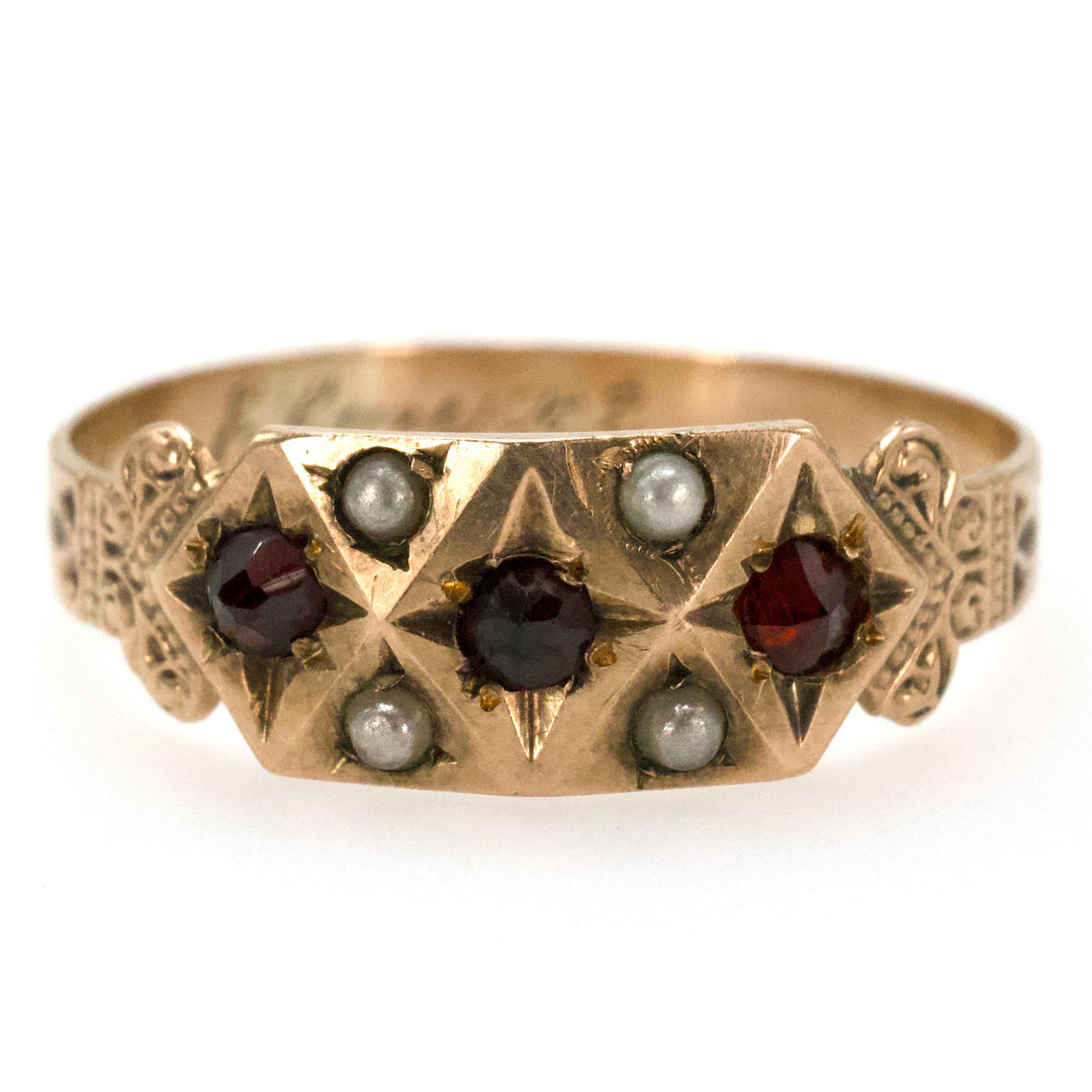 Victorian 10K Yellow Gold Garnet and Seed Pearl Gents Band