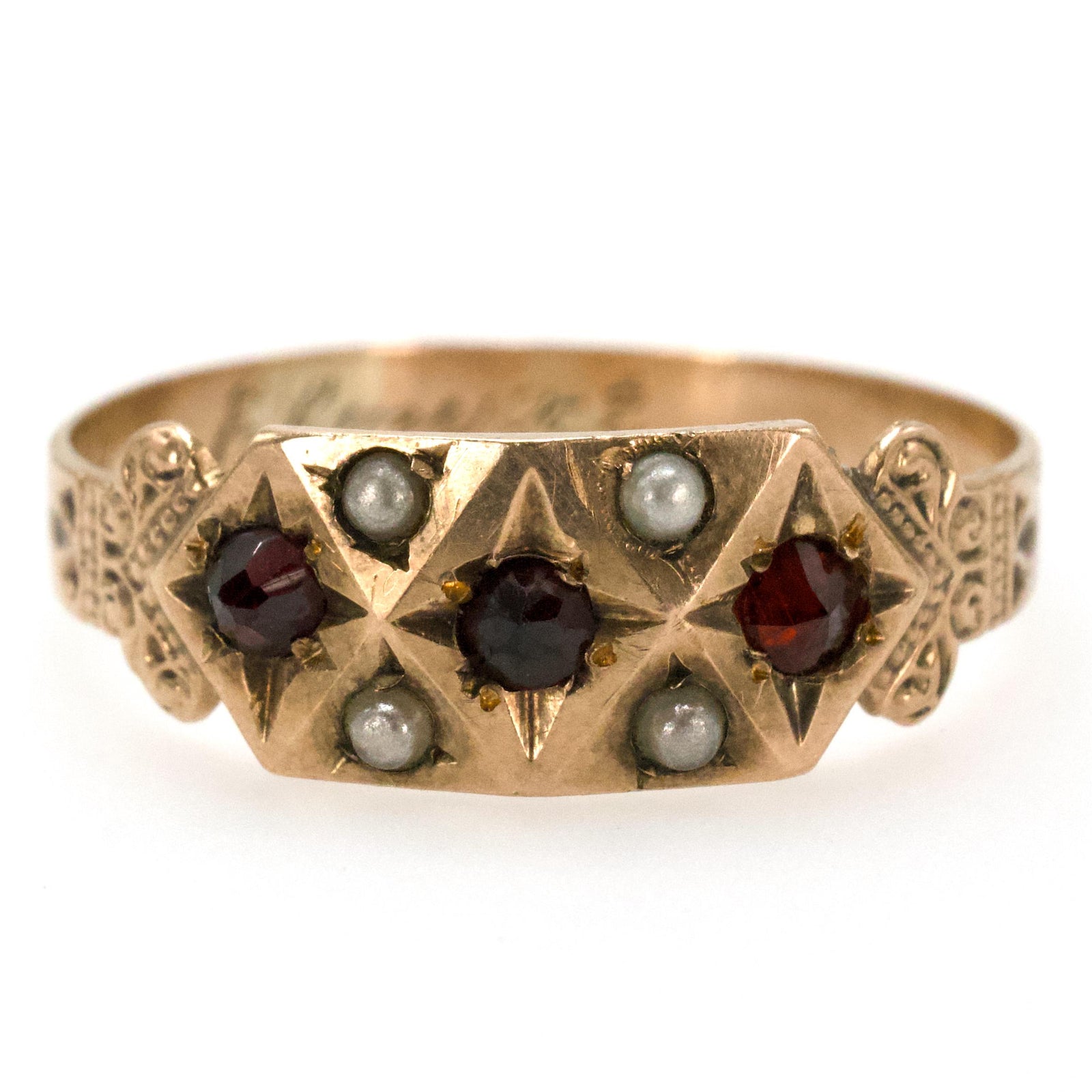 Victorian 10K Yellow Gold Garnet and Seed Pearl Gents Band