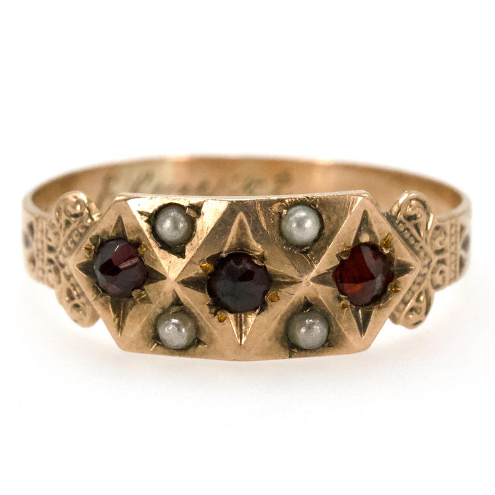 Victorian 10K Yellow Gold Garnet and Seed Pearl Gents Band
