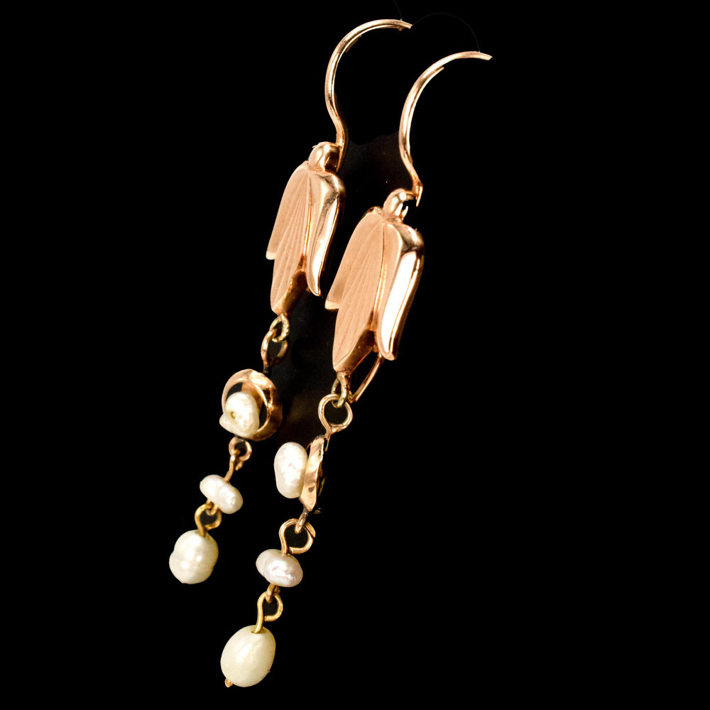 Victorian Style Stylized Lotus Drop Earrings in Pink Gold with Pearls