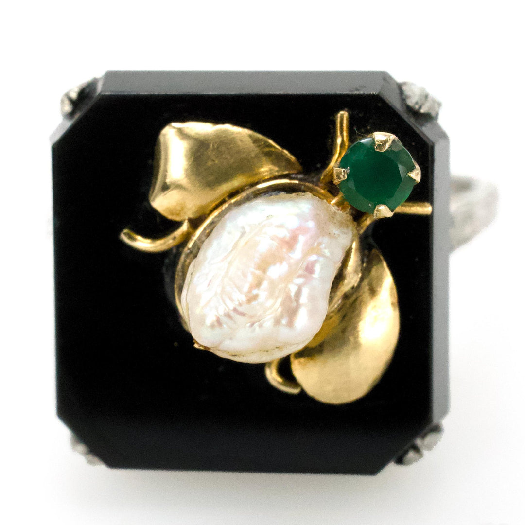 Antique White Gold Filigree Ring with Square Onyx and Emerald, Pearl, and Gold Bee