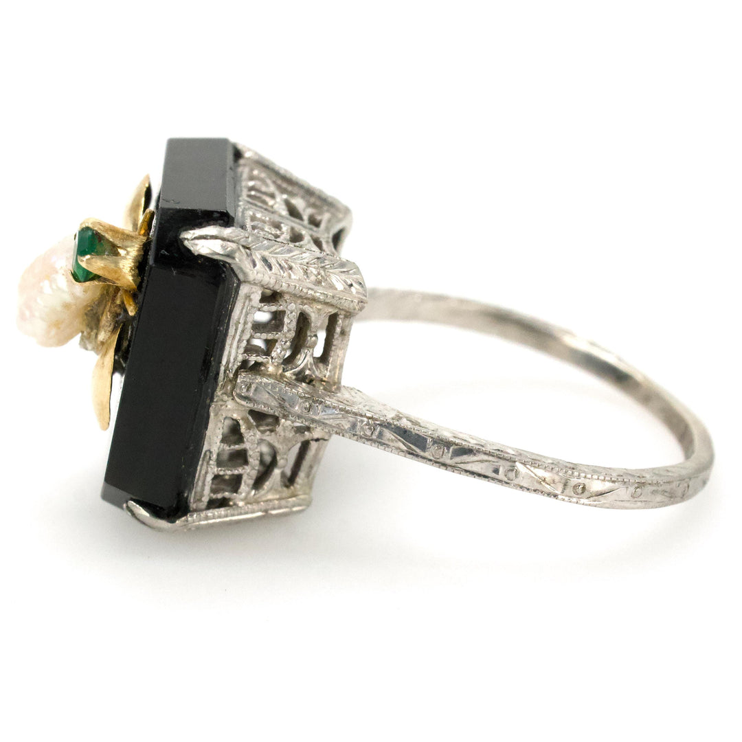 Antique White Gold Filigree Ring with Square Onyx and Emerald, Pearl, and Gold Bee