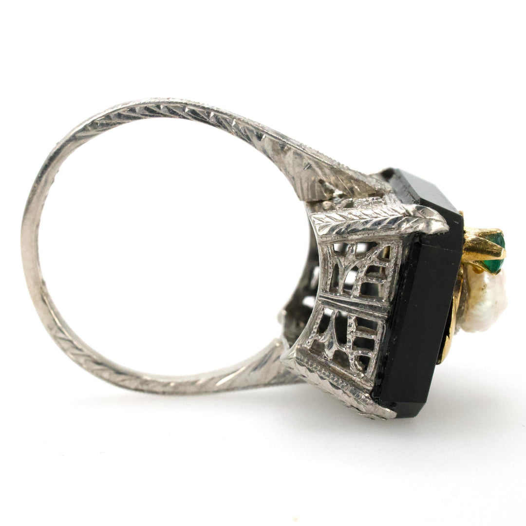 Antique White Gold Filigree Ring with Square Onyx and Emerald, Pearl, and Gold Bee