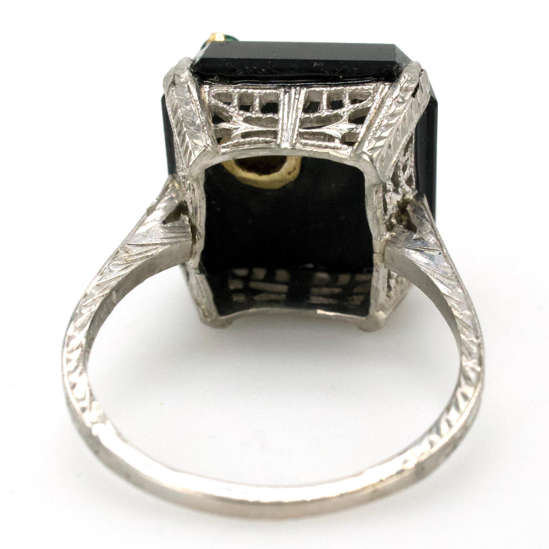 Antique White Gold Filigree Ring with Square Onyx and Emerald, Pearl, and Gold Bee