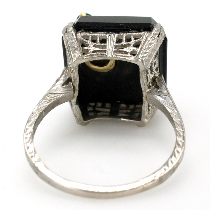 Antique White Gold Filigree Ring with Square Onyx and Emerald, Pearl, and Gold Bee