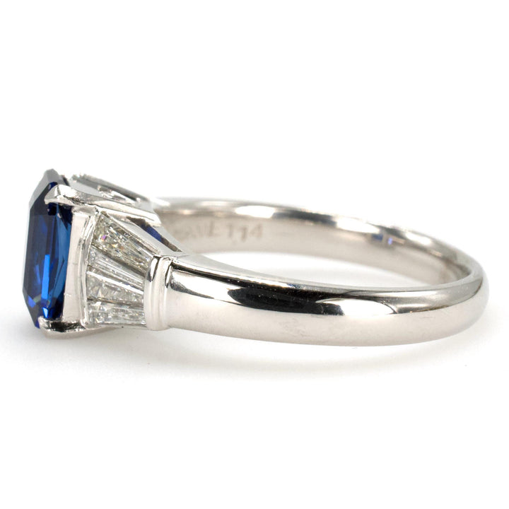 Estate GIA Ceylon Blue Sapphire Ring with Tapered Baguettes in Platinum