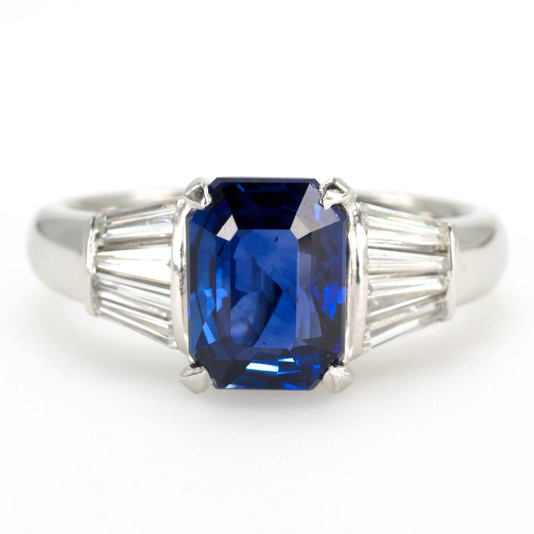 Estate GIA Ceylon Blue Sapphire Ring with Tapered Baguettes in Platinum