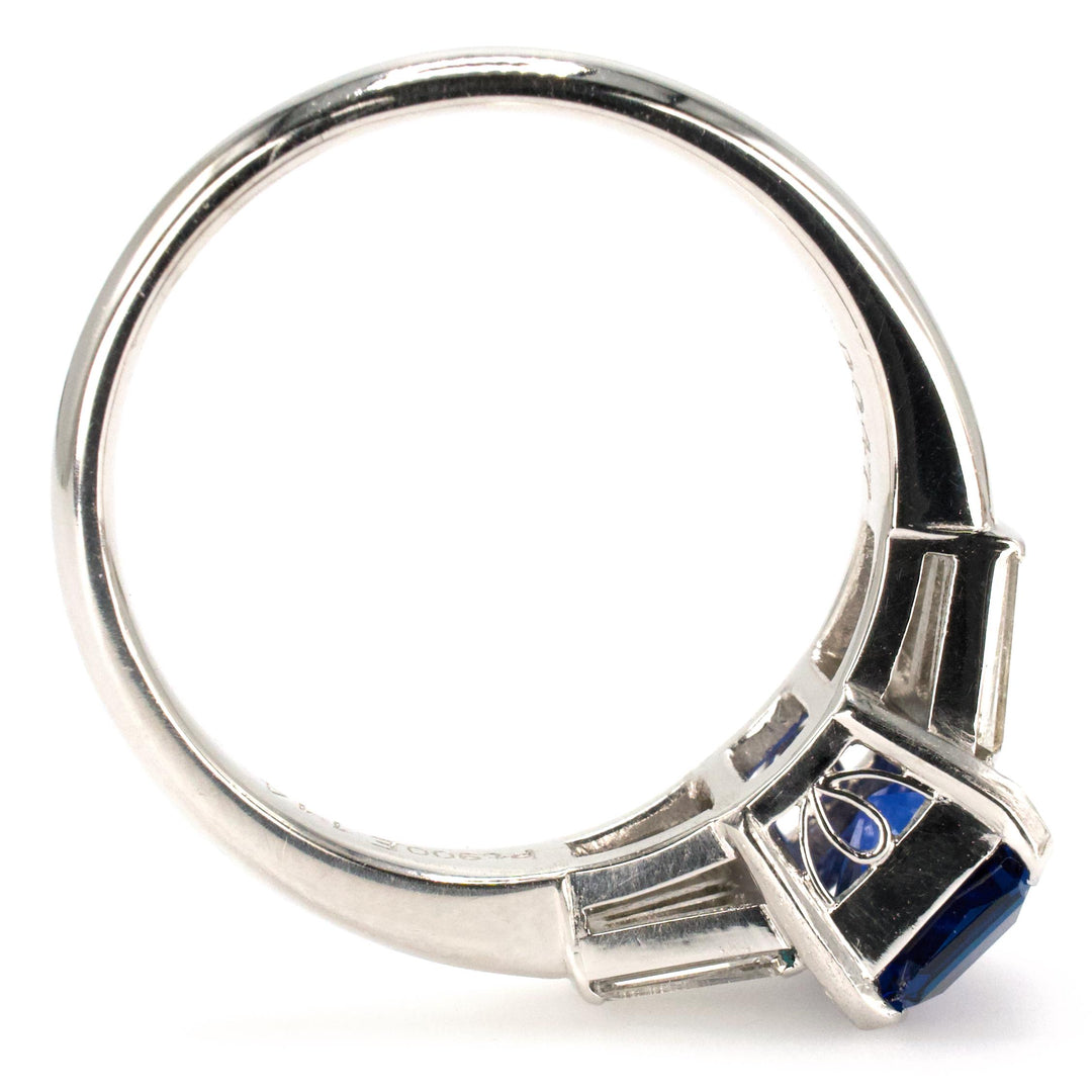Estate GIA Ceylon Blue Sapphire Ring with Tapered Baguettes in Platinum