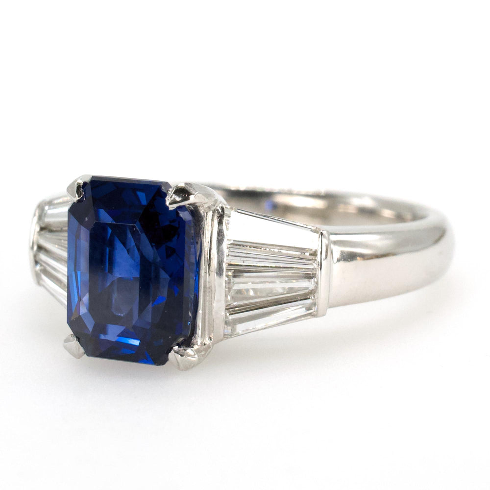 Estate GIA Ceylon Blue Sapphire Ring with Tapered Baguettes in Platinum