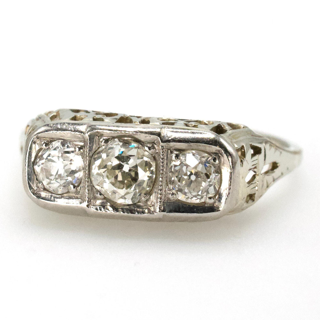 Art Deco Three Stone Old Mine Cut White Gold Diamond Ring