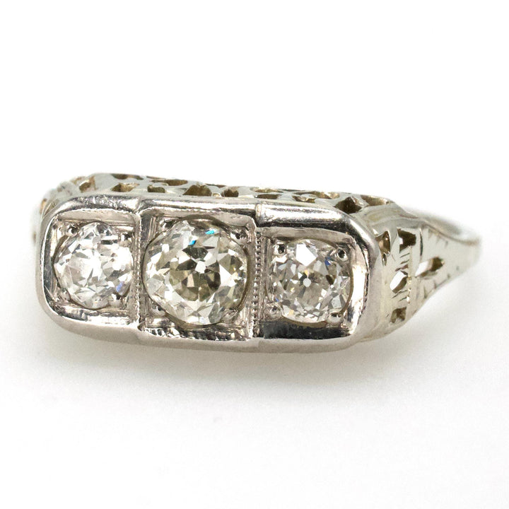 Art Deco Three Stone Old Mine Cut White Gold Diamond Ring