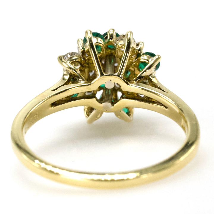 Vintage Emerald and Diamond Swirl Cluster Ring in 18K Yellow Gold