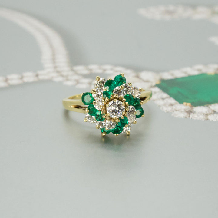 Vintage Emerald and Diamond Swirl Cluster Ring in 18K Yellow Gold