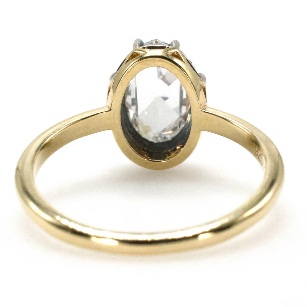 Georgian Style Solitaire with 1.61 Carat Oval Rose Cut Lab Diamond in Sterling Silver and Gold