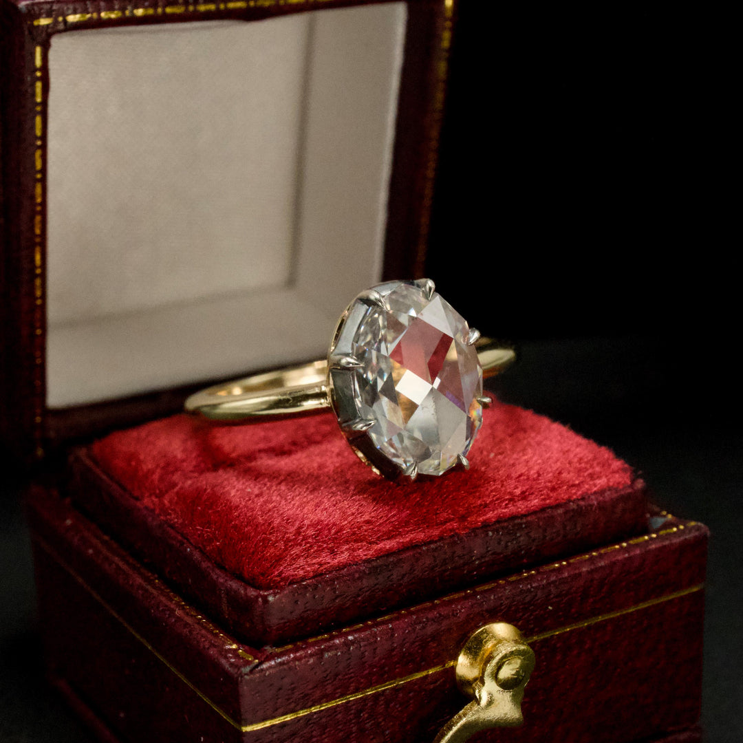 Georgian Style Solitaire with 1.61 Carat Oval Rose Cut Lab Diamond in Sterling Silver and Gold