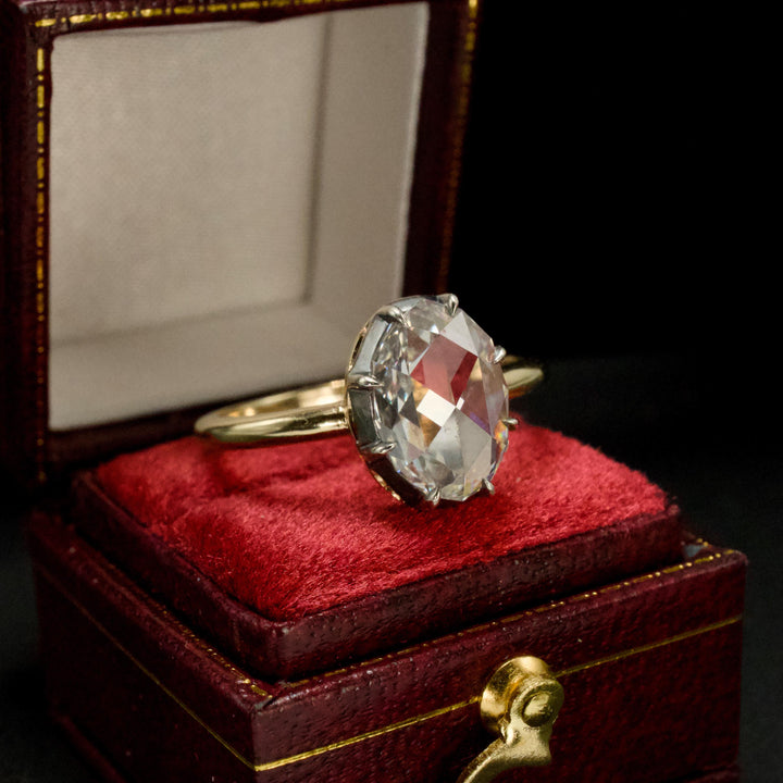 Georgian Style Solitaire with 1.61 Carat Oval Rose Cut Lab Diamond in Sterling Silver and Gold