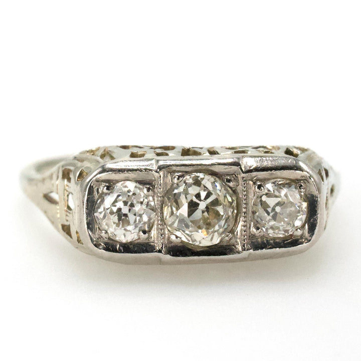 Art Deco Three Stone Old Mine Cut White Gold Diamond Ring