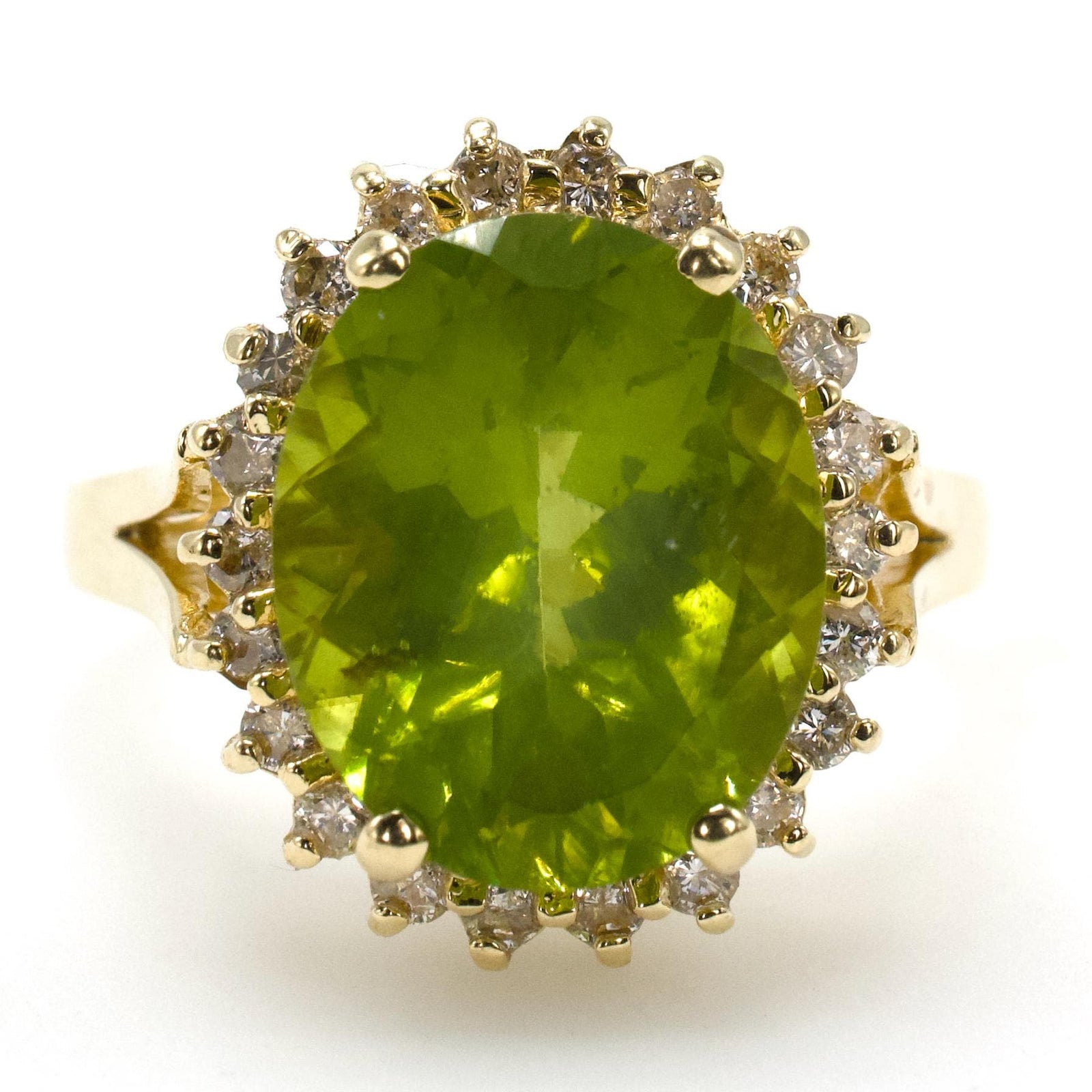 Vintage Oval Cut Peridot Ring with Diamond Halo and Split Shank in 14K Yellow Gold