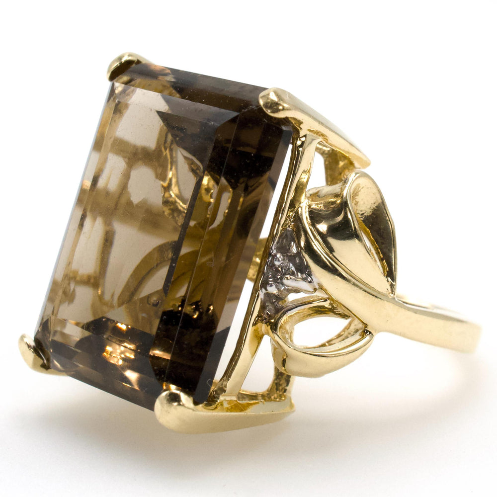 Vintage 10K Gold Emerald Cut Smoky Quartz Bow Ring with Small Diamond Accents