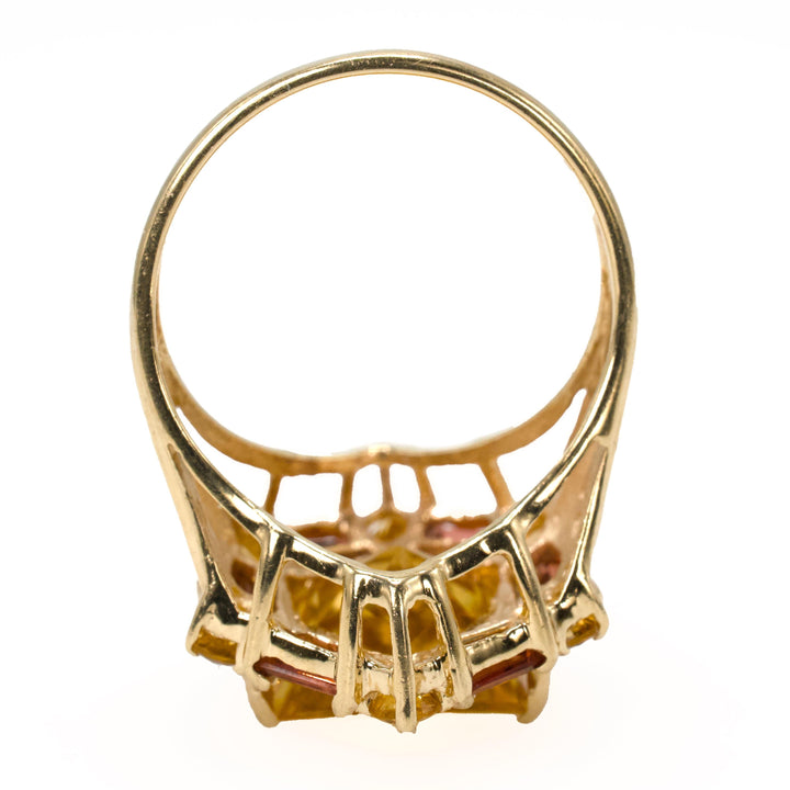 Vintage Hexagonal Cut Citrine Gold Ring with Citrine and Red Garnet Accents