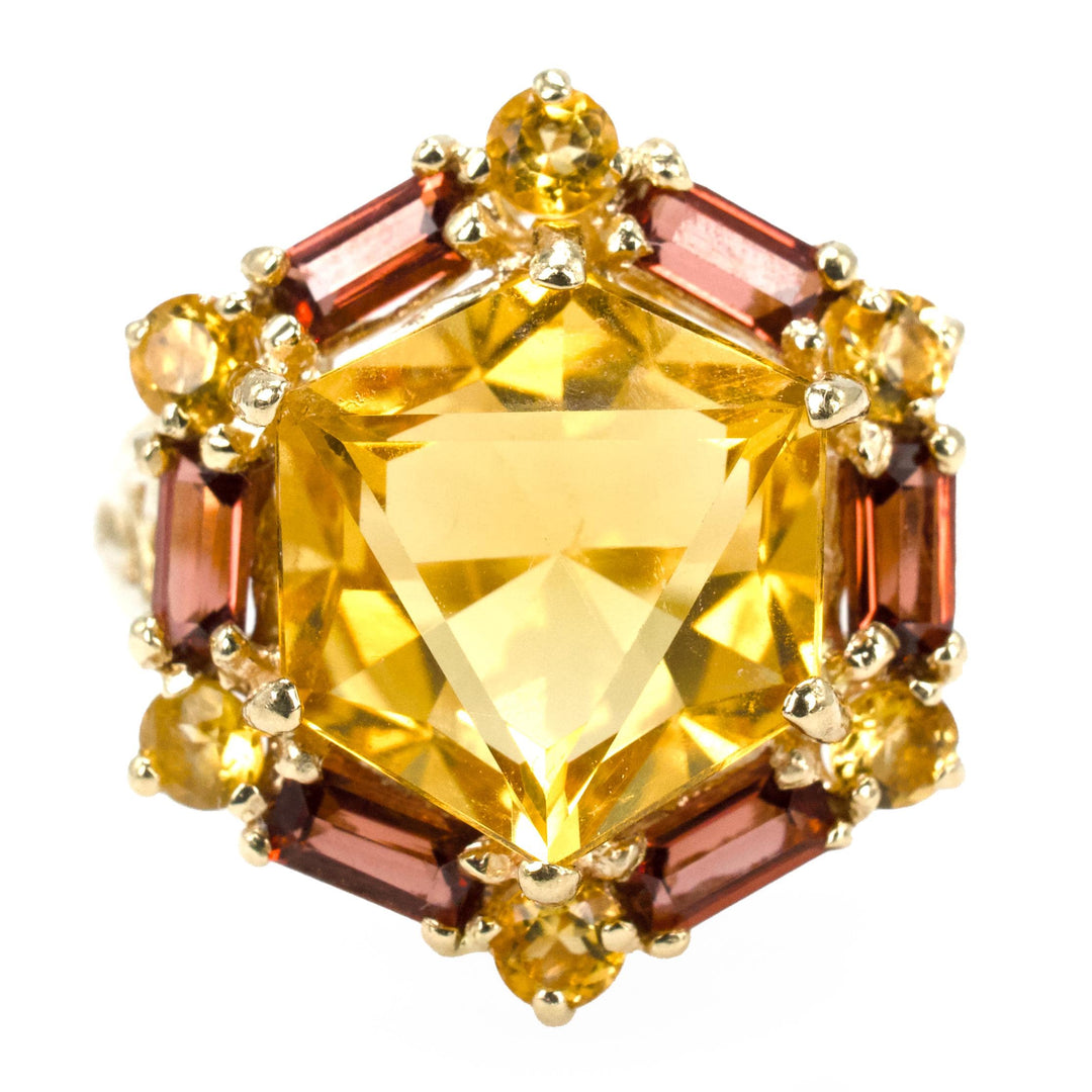 Vintage Hexagonal Cut Citrine Gold Ring with Citrine and Red Garnet Accents