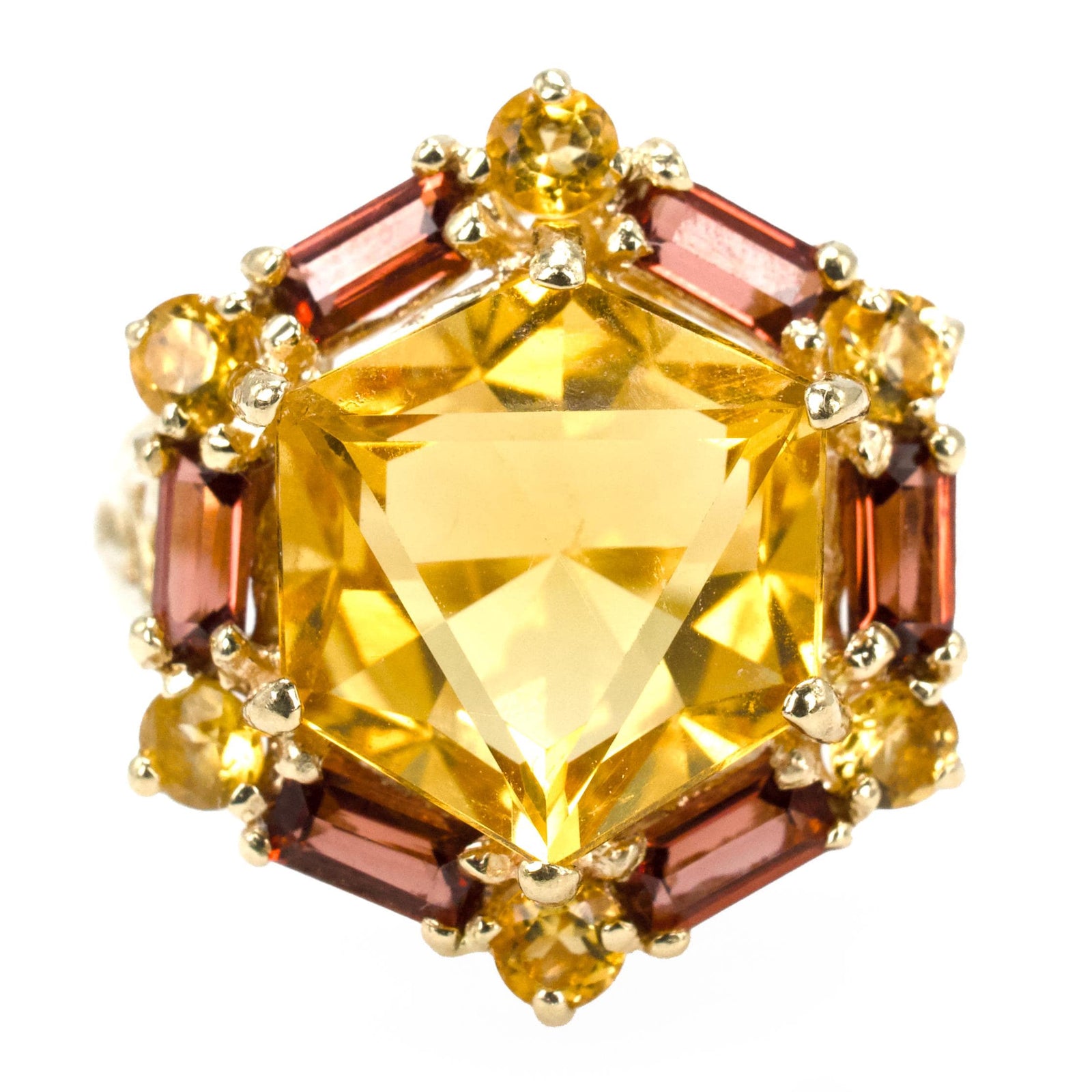 Vintage Hexagonal Cut Citrine Gold Ring with Citrine and Red Garnet Accents
