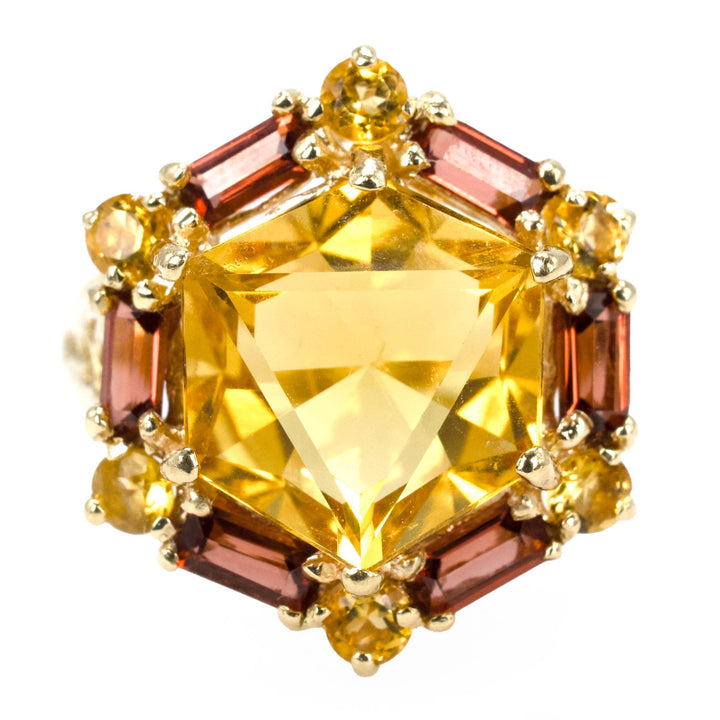 Vintage Hexagonal Cut Citrine Gold Ring with Citrine and Red Garnet Accents