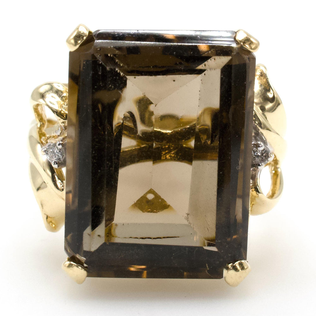 Vintage 10K Gold Emerald Cut Smoky Quartz Bow Ring with Small Diamond Accents