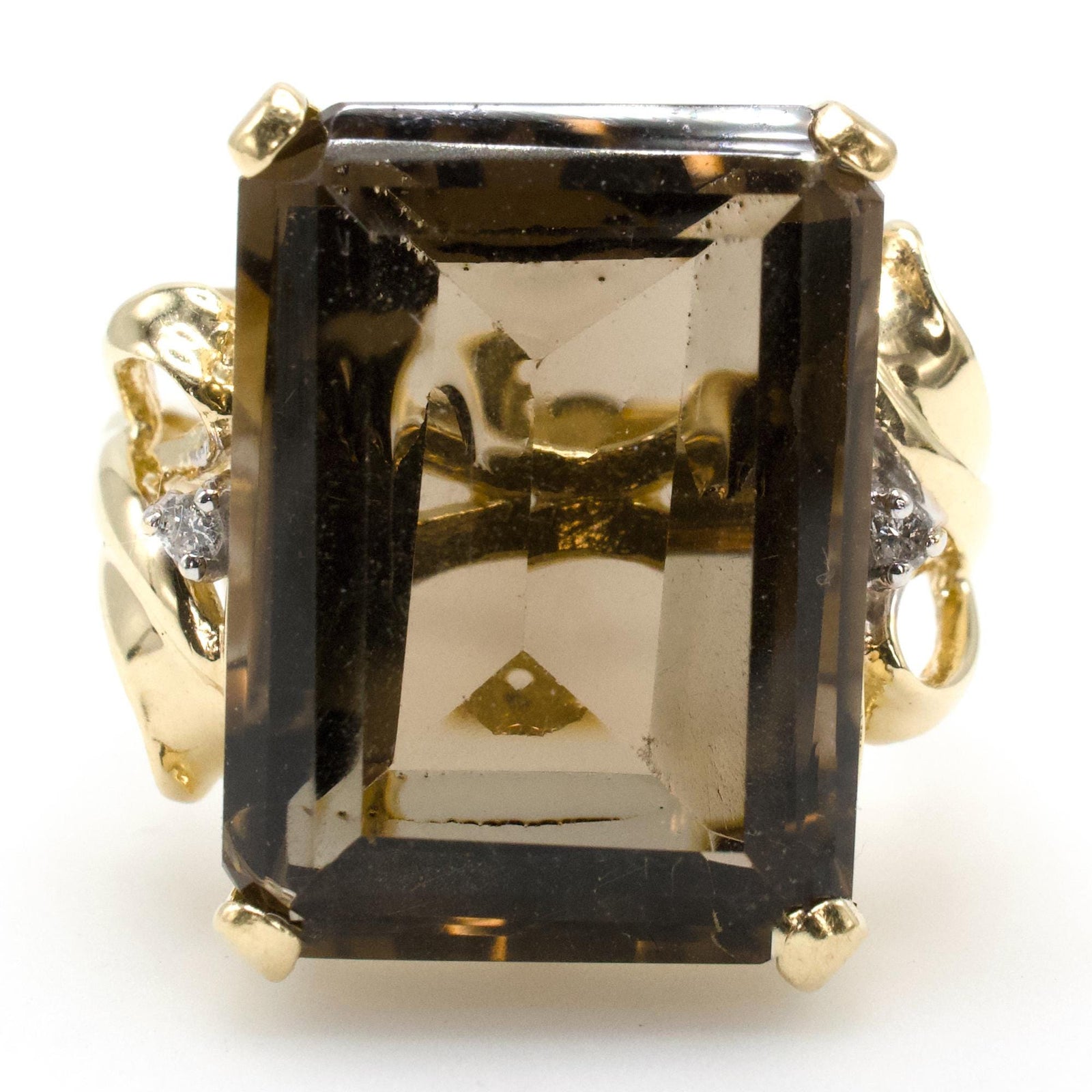 Vintage 10K Gold Emerald Cut Smoky Quartz Bow Ring with Small Diamond Accents