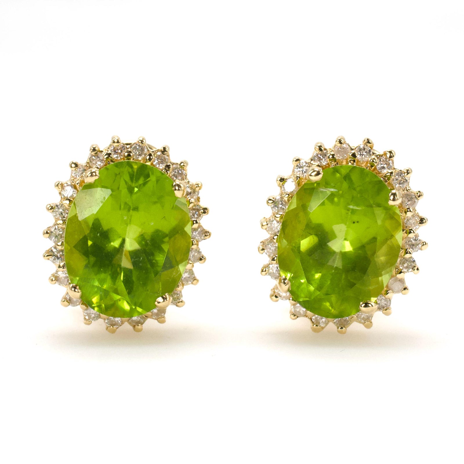 Oval Peridot Omega Back Stud Earrings in Gold with Diamond Halo