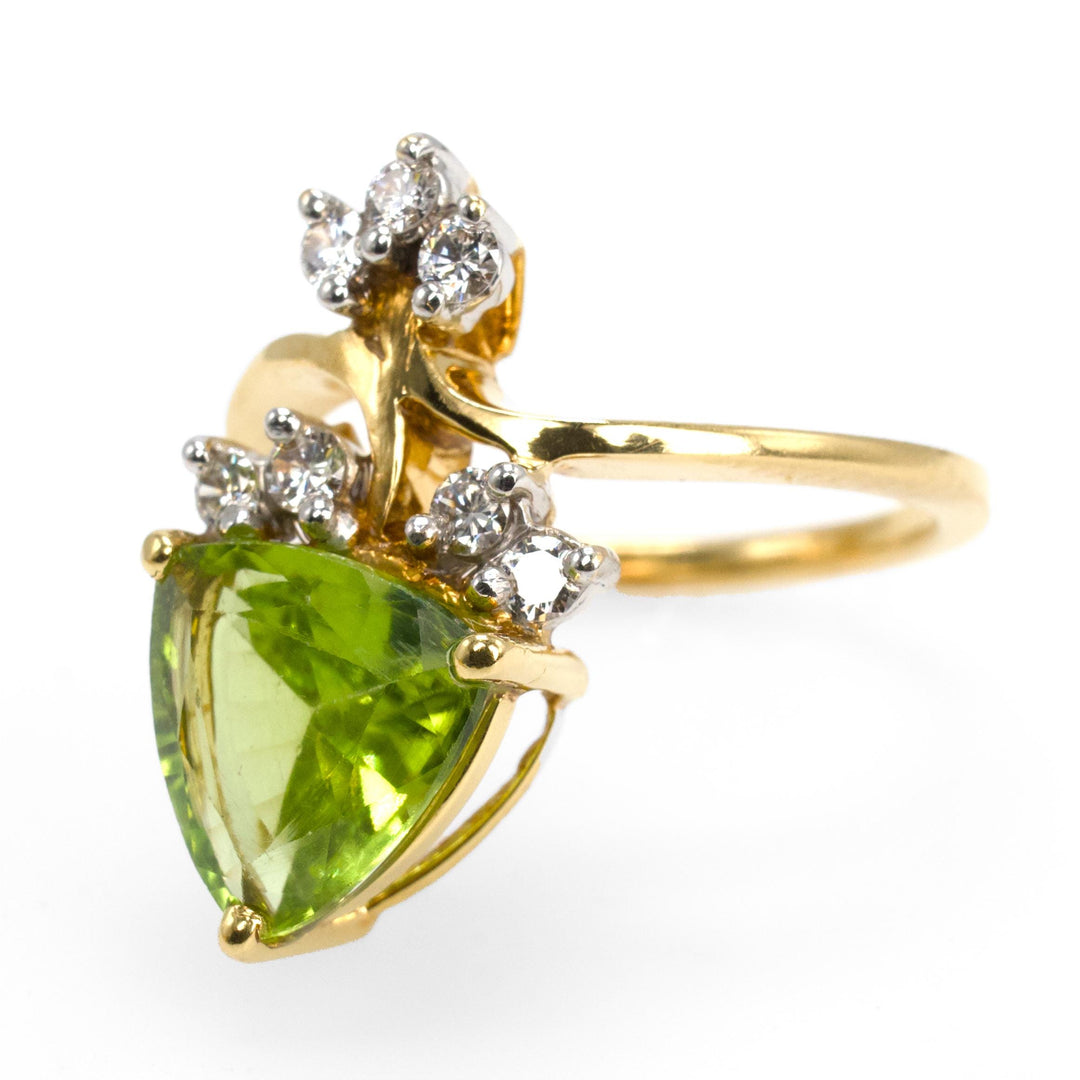 21K Gold Trillion Cut Peridot and Diamond Ring